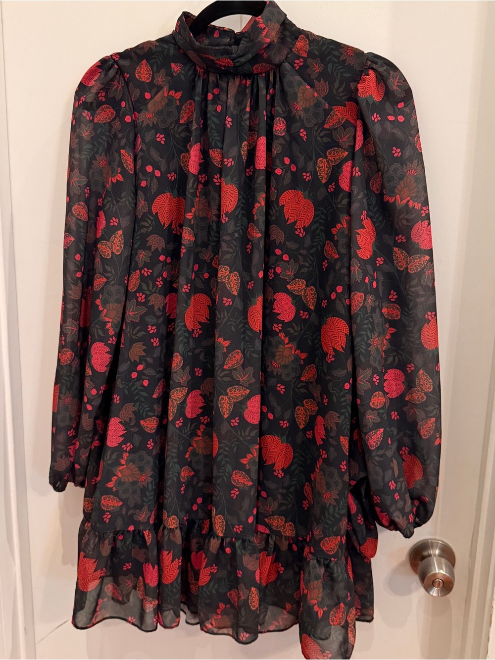 LDT Black Red Floral Mock Neck‎ Ruffle Mini Dress Size 2 Whimsigoth Romantic